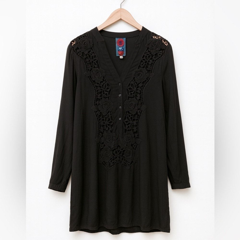 Johnny Was Black Blue Embroidered Lace Semi Sheer Tunic Top Blouse Dress Medium